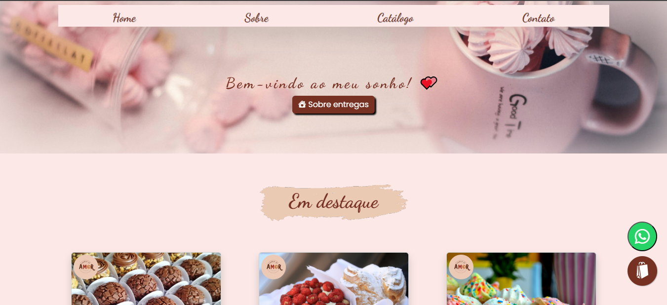 Página inicial do site de doces